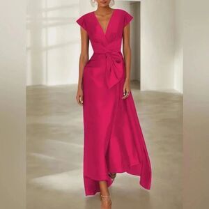 NWT FEHAUTE rose red pink Cap Sleeve v neck Satin A-Line Maxi wrap Dress sz 10
